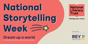 National storytelling week 2024 logo. Dark blue writing on a pink background