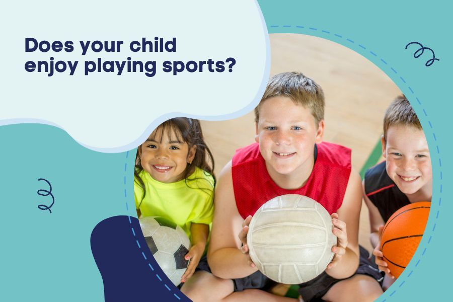 Does your child enjoy playing sports? Photo of 3 children holding footballs and basketballs while smiling.