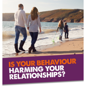 A family walking along a beach with the message is your behaviour harming your relationships?