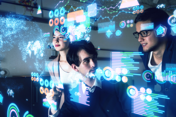 People using digital technology flashing by on a screen in front of their faces