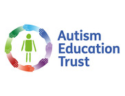 autism education trust logo green person surrounded by a circle of rainbow coloured hands