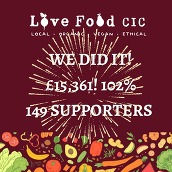 LOVE Food CIC graphic reading 'We did it! £15,361, 102%, 149 supporters'