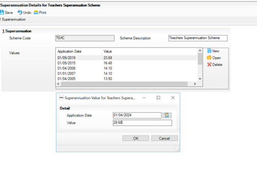 Screen shot of computer screen showing superannuation details