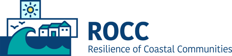 Copy of ROCC logo: A wave in front of houses with gulls in the sky. The text reads 'Resilience of Coastal Communities'