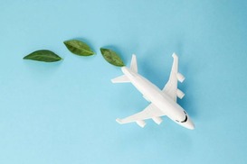 model plane on blue background with leaves trailing behind 