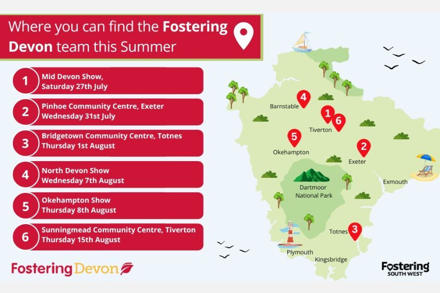 A map of Devon with the events, listed in the copy of the story below, shown on the map