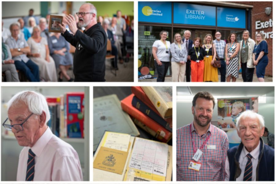 A montage of four photos taken at the celebration event at Exeter Library.  Photos include Cllr Roger Croad and Alex Kitty