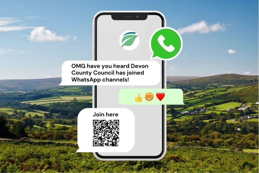 Image of a mobile phone with words, 'OMG have you heard that Devon County Council has joined WhatsApp Channels!'