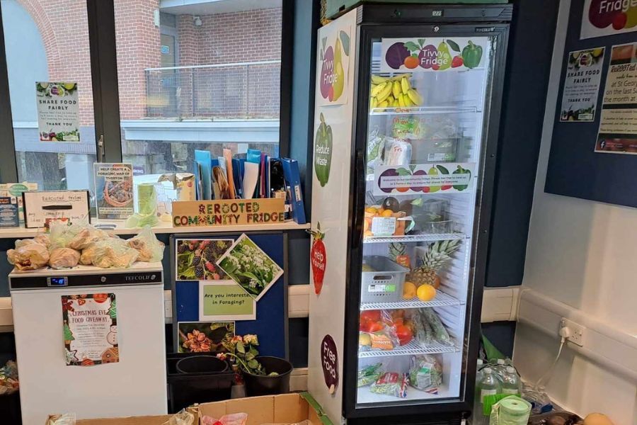 The community fridge in Tiverton, displaying lots of produce