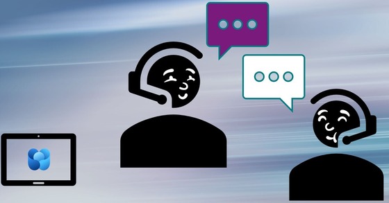 Bottom left is an iPad icon with Viva Engage logo. Main focus are two people icons with headsets & chat bubbles in between as if chatting virtually.