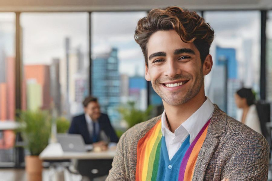 Young man in colourful shirt stands smiling at the camera with an office in the background