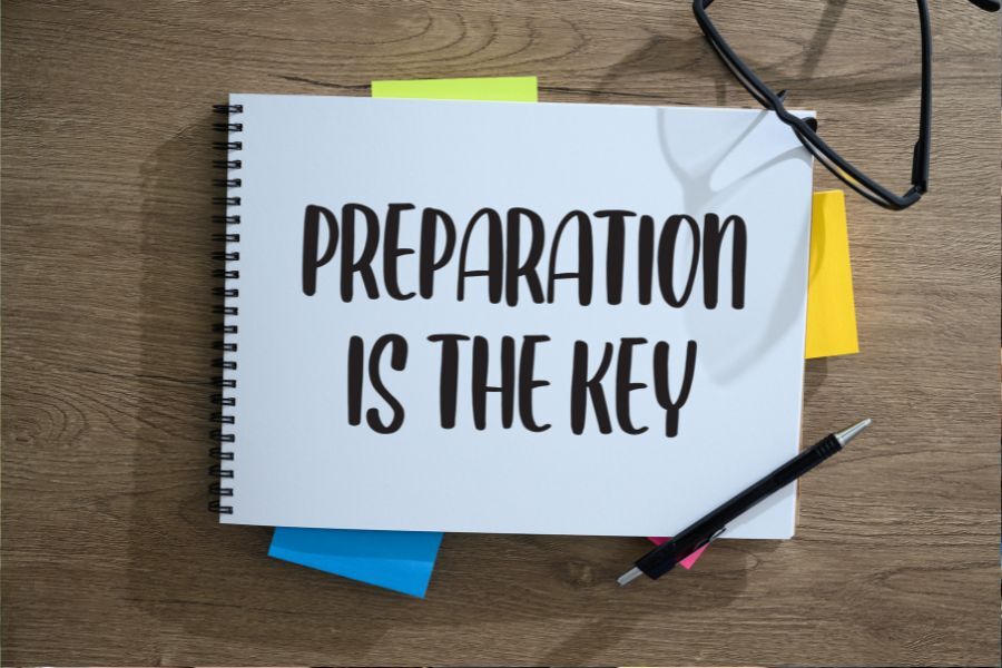 The words 'Preparation is key' written on card placed on a table