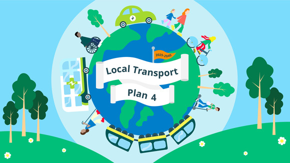 Cartoon world with Local Transport Plan written on a banner