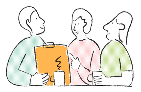 illustration of three people talking, one with a clipboard