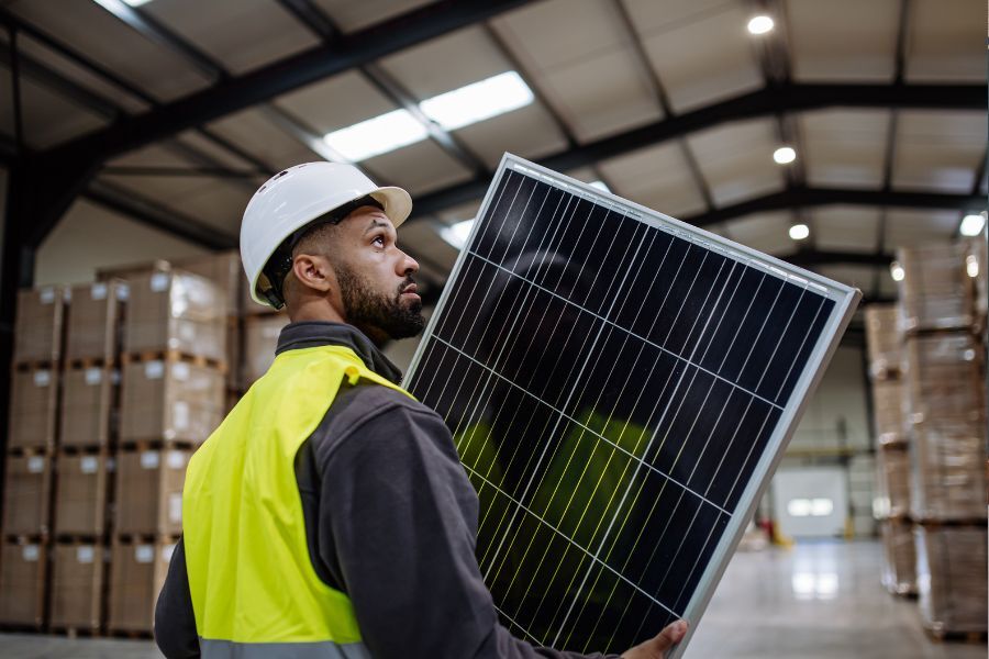 man in high vis jacket and hard hat carrying a solar panel in a warehouse full of boxes