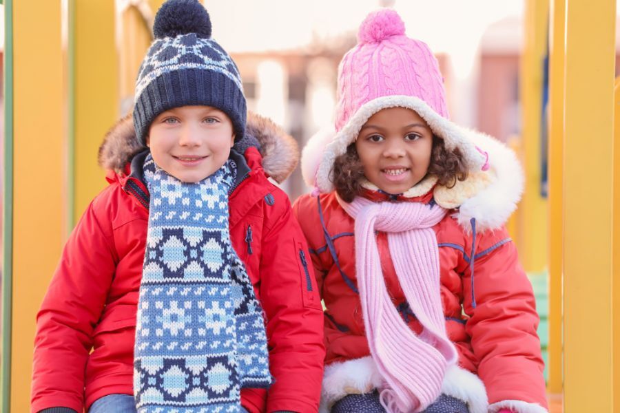 Happy children wearing coats and hats