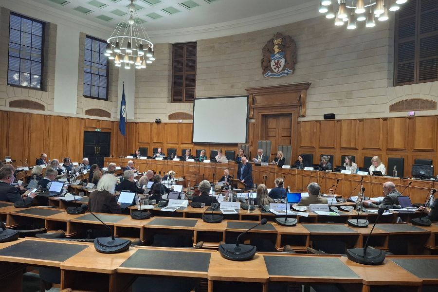 The budget meeting in the council chamber at Devon County Council