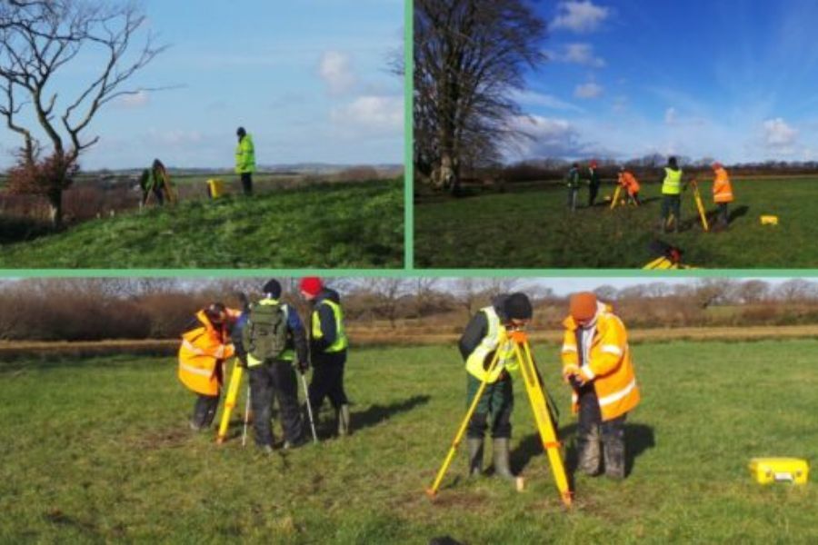 A 3 photo montage, showing survey work being carried out in a field