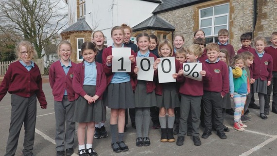 Children holding 100% sign