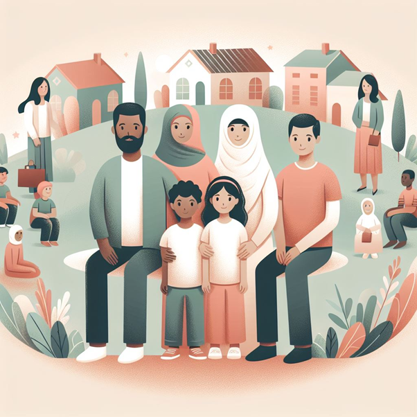 Cartoon of Afghan family sitting on bench