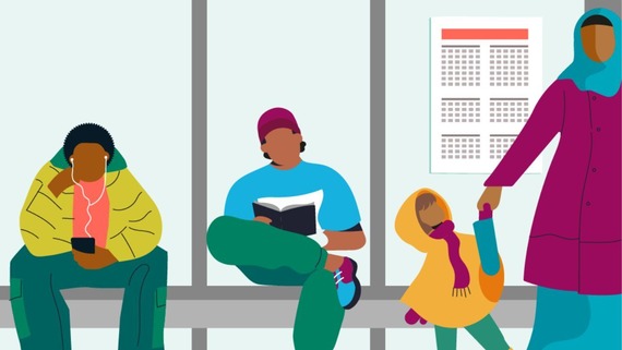 People at a bus stop cartoon