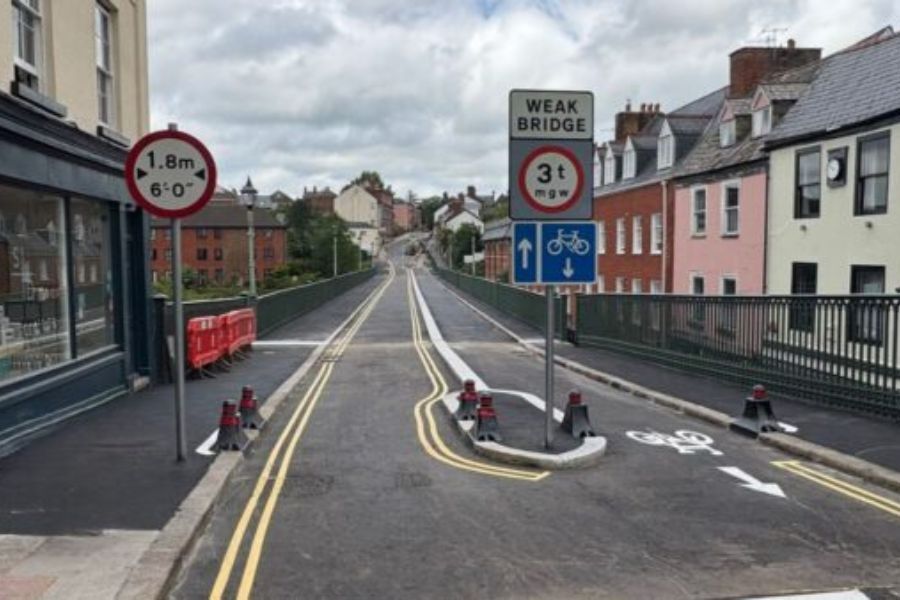 A view looking down the road and across Iron Bridge in Exeter