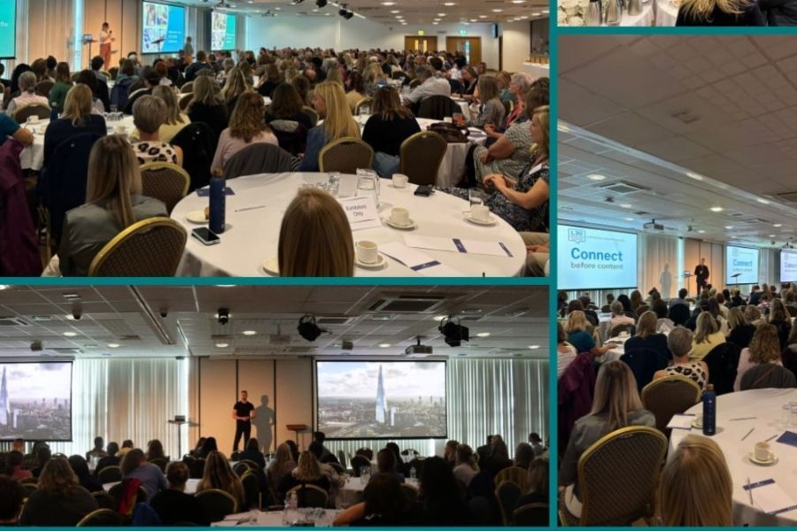 A montage of photos of the conference hall at Sandy Park, with 100s of delegates attending from schools across Devon