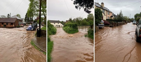 Three photos showing high levels of flood water in the roads outside of properties