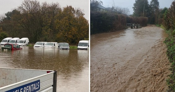 Photos of flood water covering a road and on an industrial estate, level is reaching part way up the parked vans