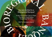 invite for Bioregional Banquet showing foods, colours, words