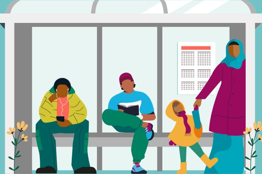 Cartoon image of people at a bus stop