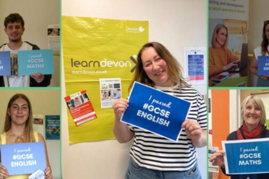 A photo montage of the 5 people quoted in the news story, holding certificates that say they've passed in their subject