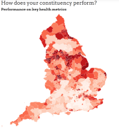 Map of England showing shades of red for severity of health outcomes by area