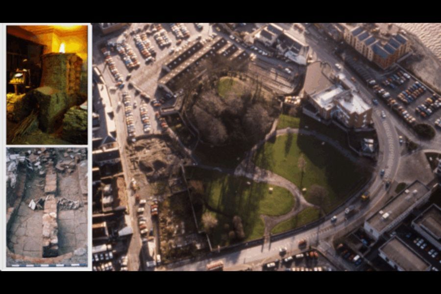 Montage: reconstructed C17th kiln, from Tuly Street; C17th pottery kiln excavated at Tuly Street; aerial view of Barnstaple Castle