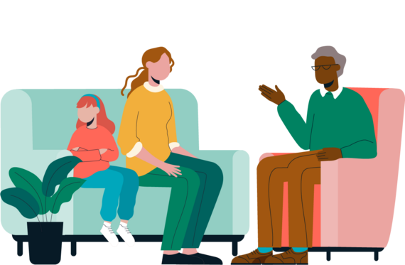 A graphic showing characters sat on a sofa