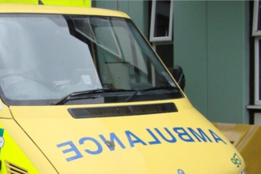 An ambulance parked outside a hospital