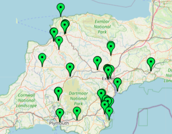 Map of Devon showing location of ESOL classes