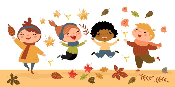 Graphic - cute kids playing jumping autumn leaves