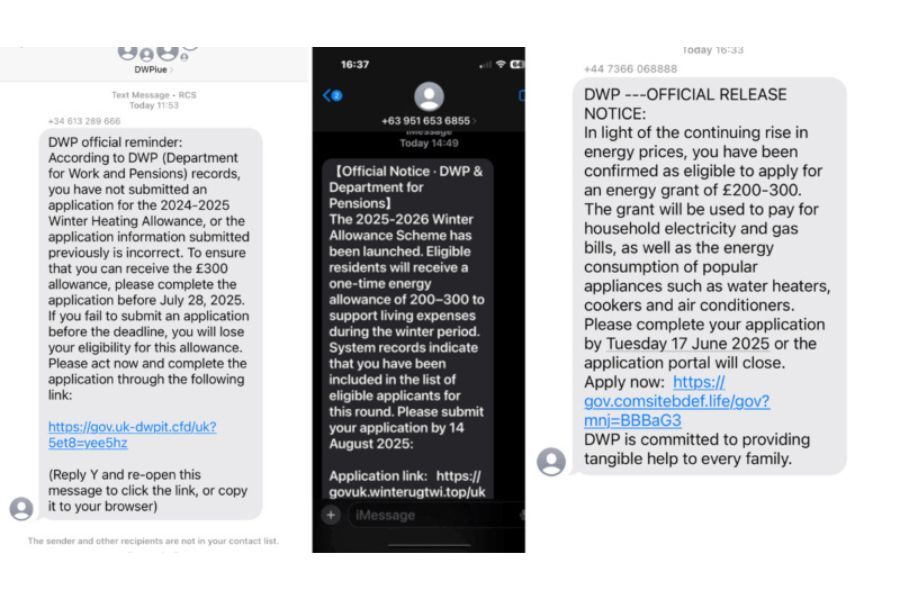 image shows three examples of scam texts