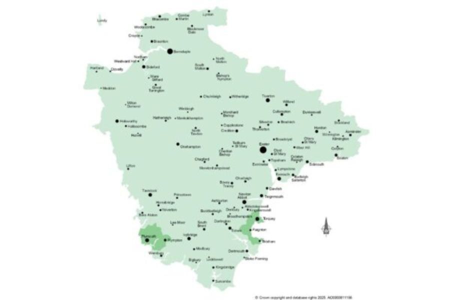 A map of Devon showing the areas served by Plymouth and Torbay unitary councils, and the rest of Devon served by Districts and County Council