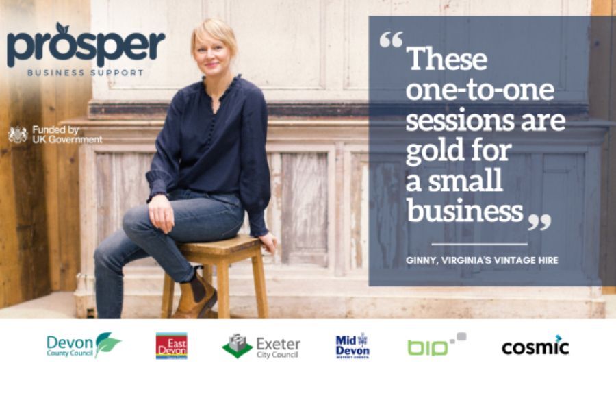 An advert for the Prosper programme. Photo of a business owner sitting on a chair. quote "These one to one sessions are gold for small business"