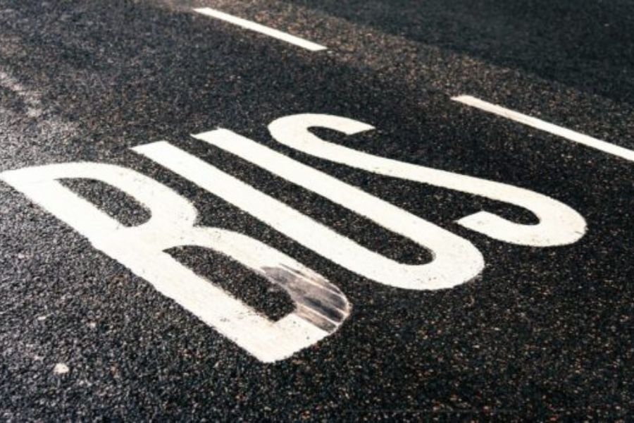 A bus lane, with the word 'bus' painted on the road