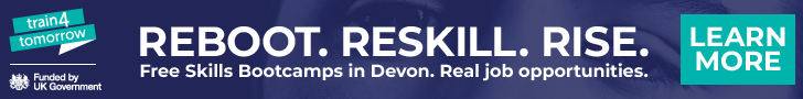 Banner promoting free Skills Bootcamps in Devon with 'REBOOT. RESKILL. RISE.' and a 'LEARN MORE' button.