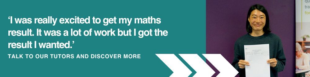 Banner with a quote about being excited to get a maths result, encouraging readers to talk to tutors. A person holds a paper against a purple wall.