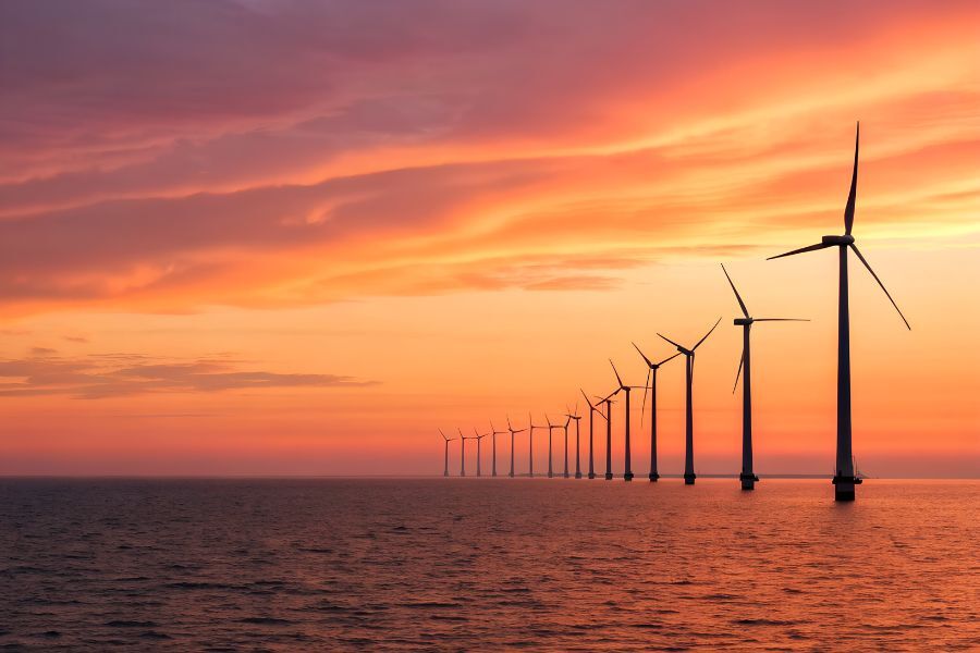 off shore wind turbines, photo taken at sun set with sun setting behind them in a red sky