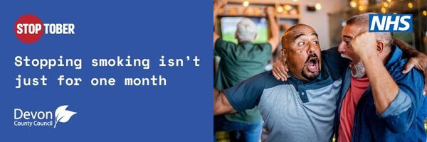 Title: Stopping smoking isn't just for one month. Image shows two male friends in a pub, football on the TV, hugging and celebrating