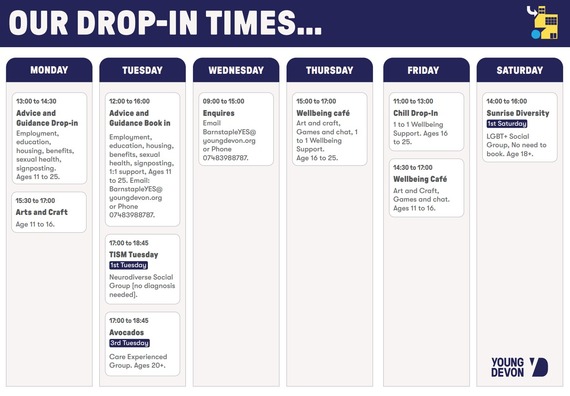 Drop in timetable for Young Devon YES Barnstaple Hub 