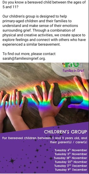 A poster of Families in Grief children dates for November 2025 