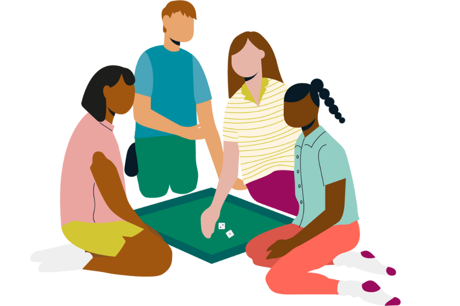 Illustration of four people sitting on the floor around a green board game with two dice on it.