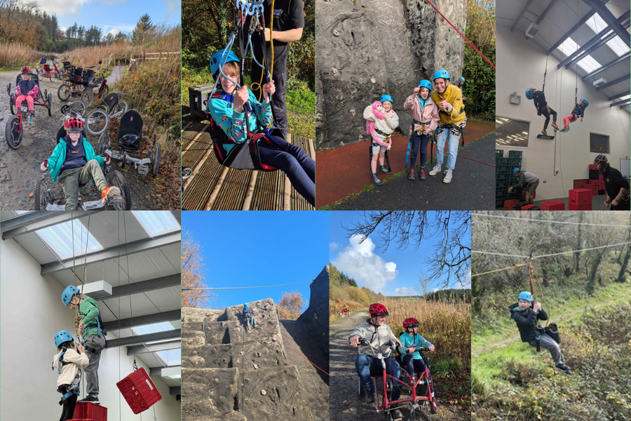 Collage of activities from Calvert family day, including zip-lining, indoor and outdoor climbing, in a scenic outdoor setting.